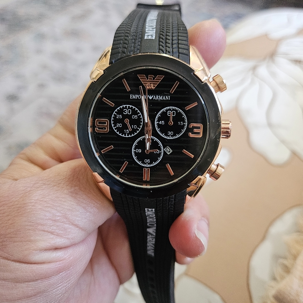 Emporio Armani Black and Rose Gold Chronograph Watch